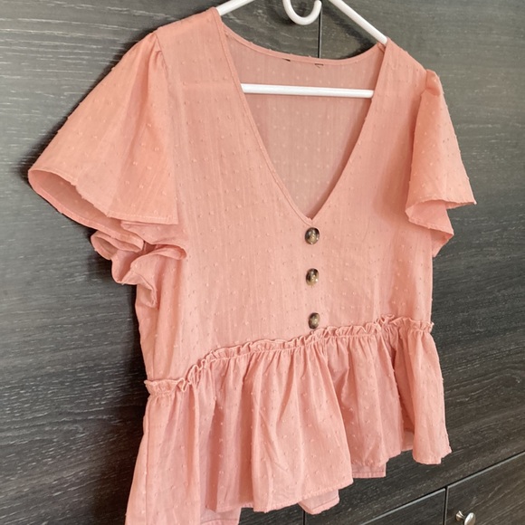 Dusty Peach Cotton V Neck Blouse w Flutter Sleeves Large - Picture 4 of 10